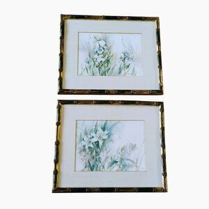 Set Of 2 Brent Heighton Floral Watercolor Prints Bamboo Gold Frames Cottagecore